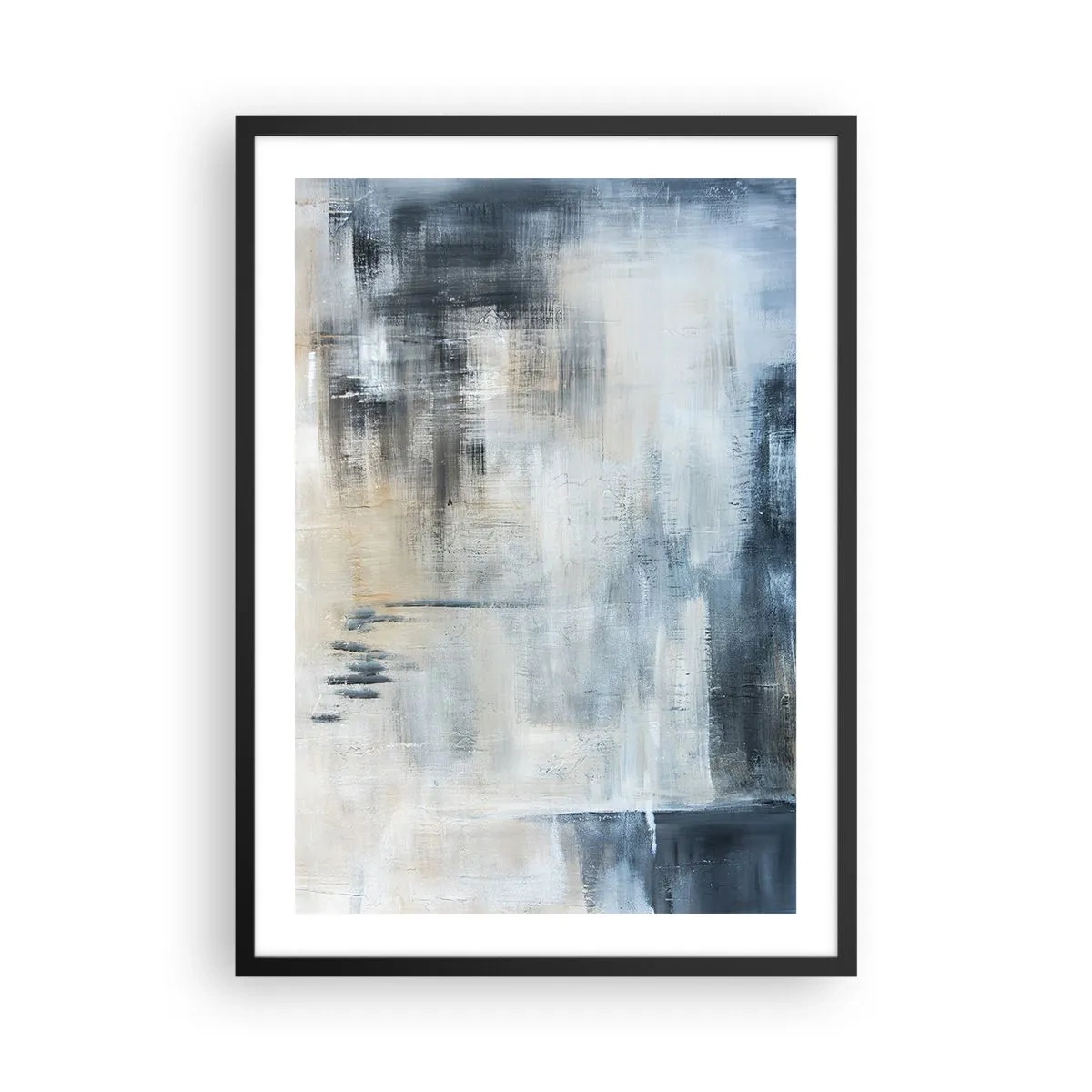 Plakát v černém rámu - Abstraktní kompozice v odstínech modré a béžové - 50x70cm - Za závojem modré - Moderní nástěnná dekorace do obývacího pokoje a ložnice ARTTOR