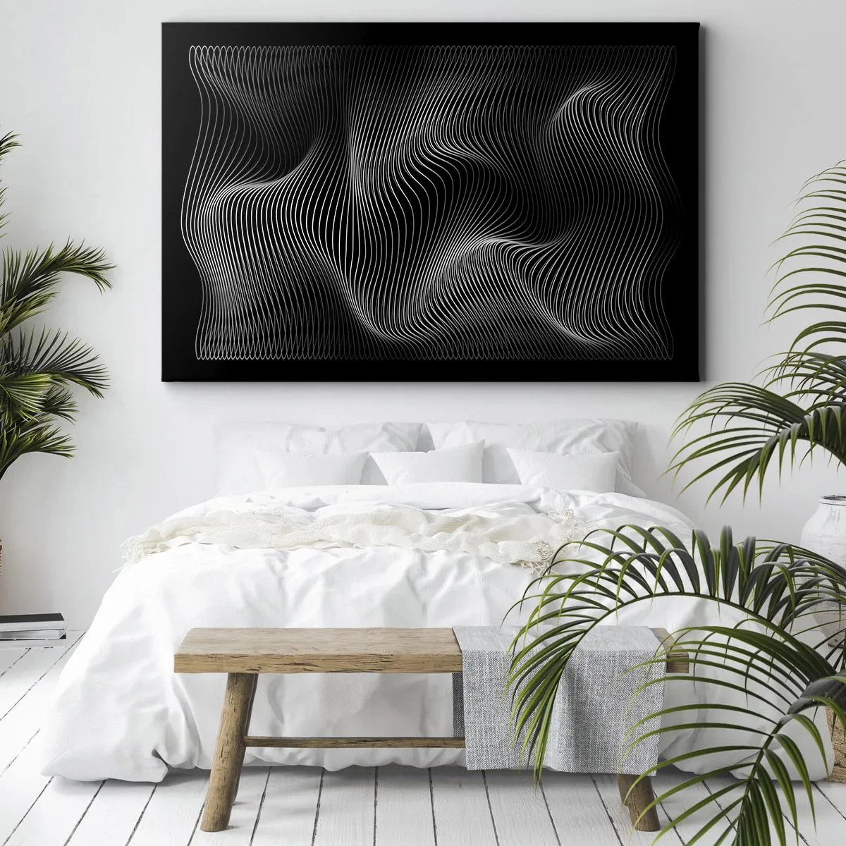 Obraz na plátně - Abstraktní bílé čáry na černém pozadí - 70x50cm - Tanec světla v prostoru - Moderní nástěnná dekorace do obývacího pokoje a ložnice ARTTOR