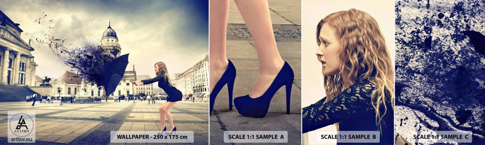 Fototapeta Vzorek Standard Eco - Je takový vítr… - Žena, Město, Tajemný deštník - 100x30 cm