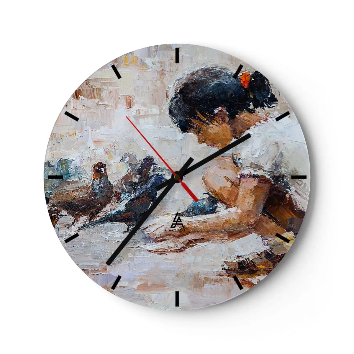 Nástěnné hodiny - Dívka krmí holuby na malovaném pozadí - 30x30cm - Maličcí a nejmilejší - Moderní nástěnná dekorace do obývacího pokoje, kuchyně a ložnice ARTTOR