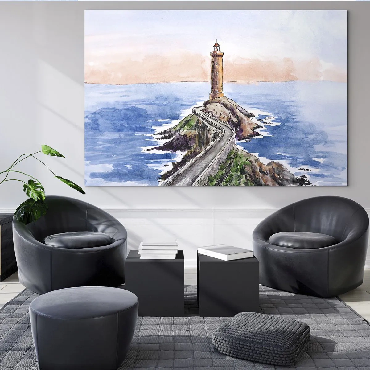 Obraz na skle - Maják na skalnatém ostrohu obklopený klidným mořem - 70x50cm - Tváří v tvář moři - Moderní nástěnná dekorace do obývacího pokoje a ložnice ARTTOR