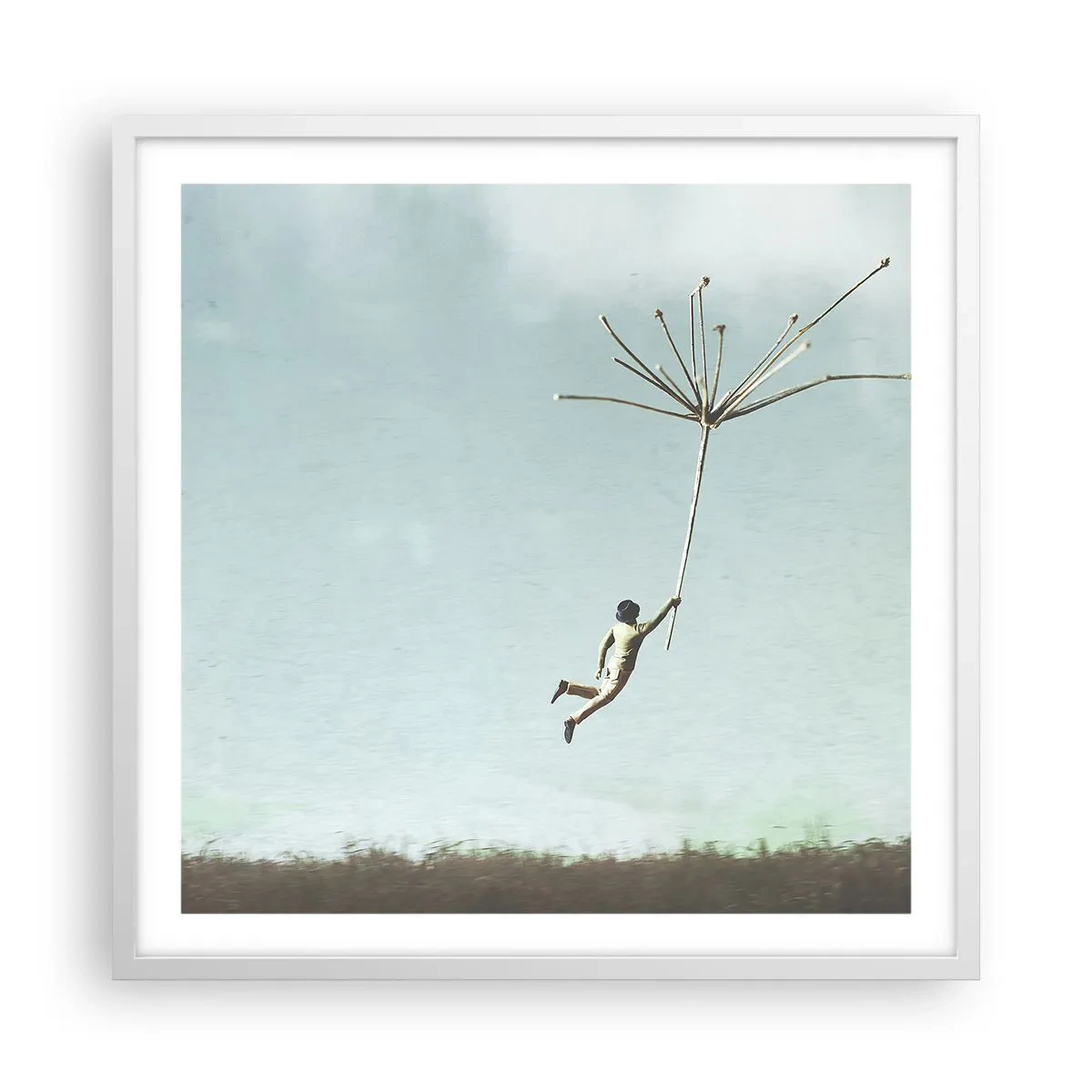 Plakát v bílém rámu - Letající pampeliška - 60x60 cm