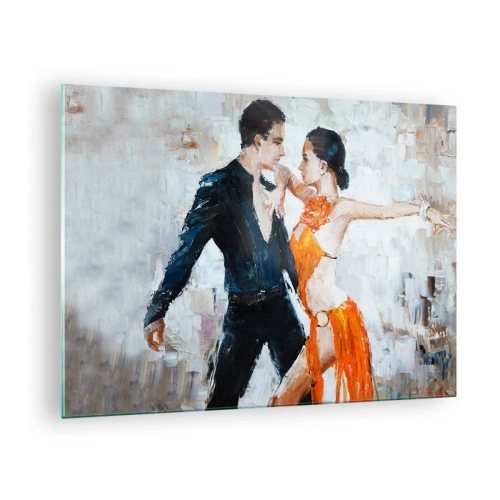 Obraz na skle - Pár tančící v dynamické póze na pozadí v impresionistickém stylu - 70x50cm - Dirty dancing - Moderní nástěnná dekorace do obývacího pokoje a ložnice ARTTOR