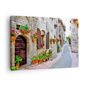 Obraz na plátně - Úzká ulice s kamennými budovami zdobenými květináči - 70x50cm - Italská atmosféra - Moderní nástěnná dekorace do obývacího pokoje a ložnice ARTTOR