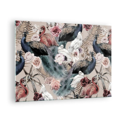 Obraz na skle - Pávi a plameňáci obklopení růžemi a kapradinami - 70x50cm - V palácové zahradě - Moderní nástěnná dekorace do obývacího pokoje a ložnice ARTTOR