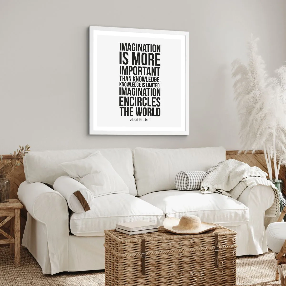 Plakát v bílém rámu - Einstein o síle představivosti - 30x30 cm