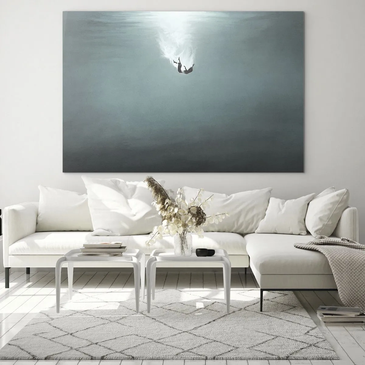Obraz na skle - Silueta muže ponořeného v modrých hlubinách oceánu - 70x50cm - V objetí oceánu - Moderní nástěnná dekorace do obývacího pokoje a ložnice ARTTOR