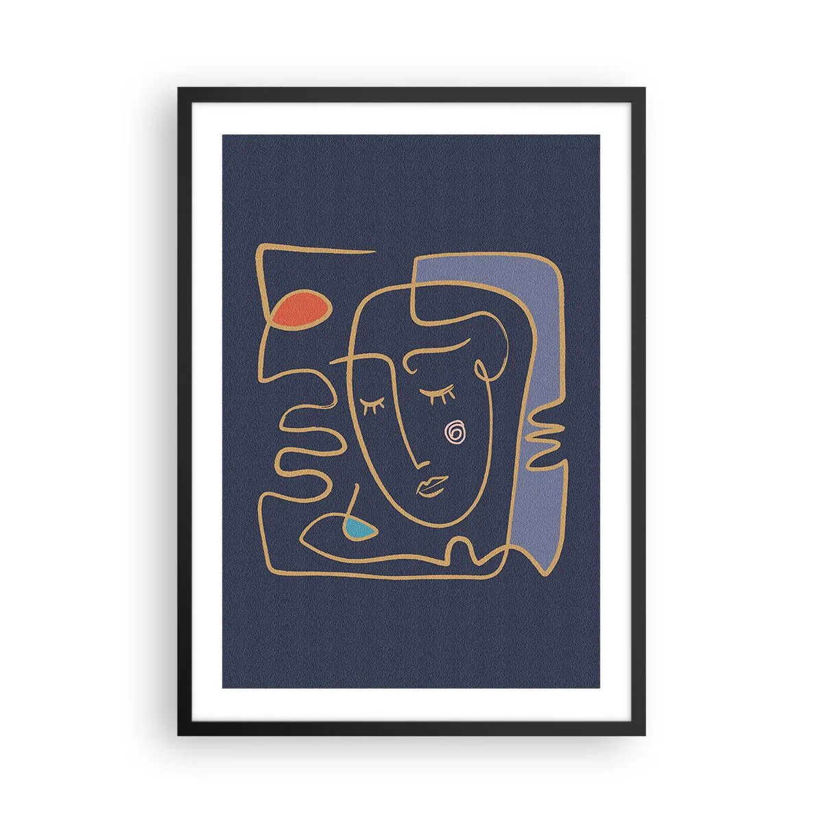 Plakát v černém rámu - Minimalistický abstraktní obličej na tmavě modrém pozadí ve stylu čárové grafiky - 50x70cm - V zádumčivosti - Moderní nástěnná dekorace do obývacího pokoje a ložnice ARTTOR