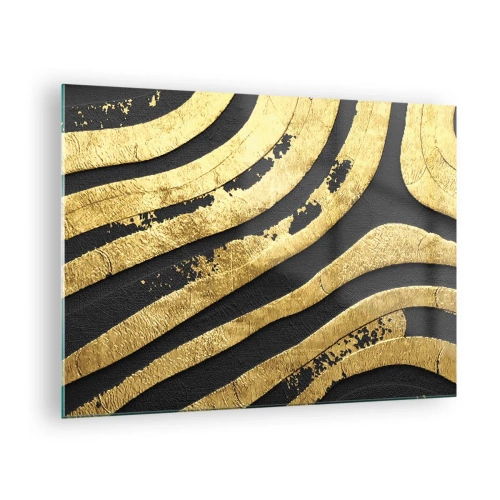 Obraz na skle - Zlaté abstraktní čáry na černém pozadí v okouzlujícím stylu - 70x50cm - Vše plyne - Moderní nástěnná dekorace do obývacího pokoje a ložnice ARTTOR