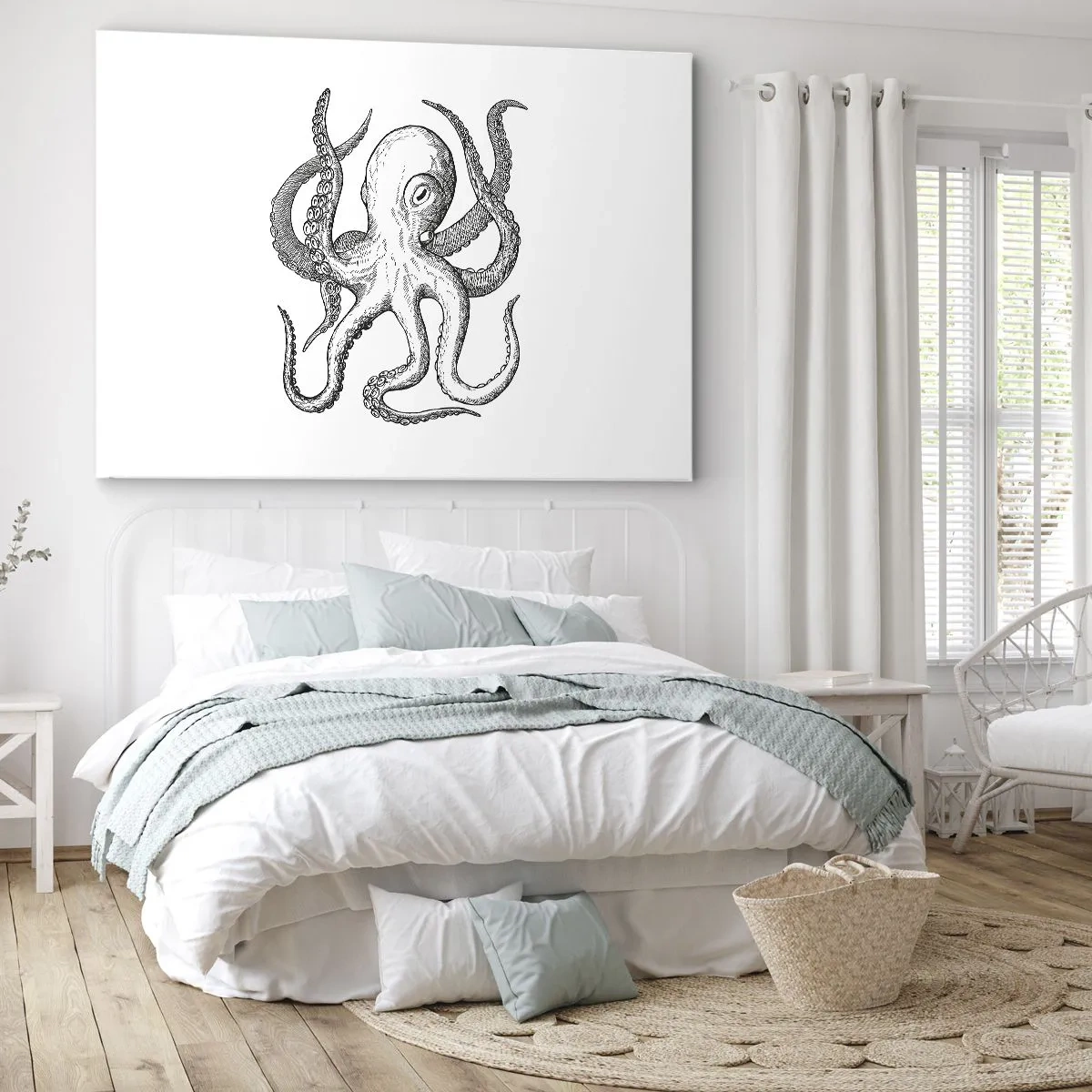 Obraz na plátně - Černobílá kresba chobotnice na bílém pozadí ve vintage stylu - 70x50cm - Tančící s vlnami - Moderní nástěnná dekorace do obývacího pokoje a ložnice ARTTOR