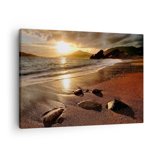 Obraz na plátně - Pláž při západu slunce s kameny na břehu - 70x50cm - Jdi za sluncem k výšinám - Moderní nástěnná dekorace do obývacího pokoje a ložnice ARTTOR