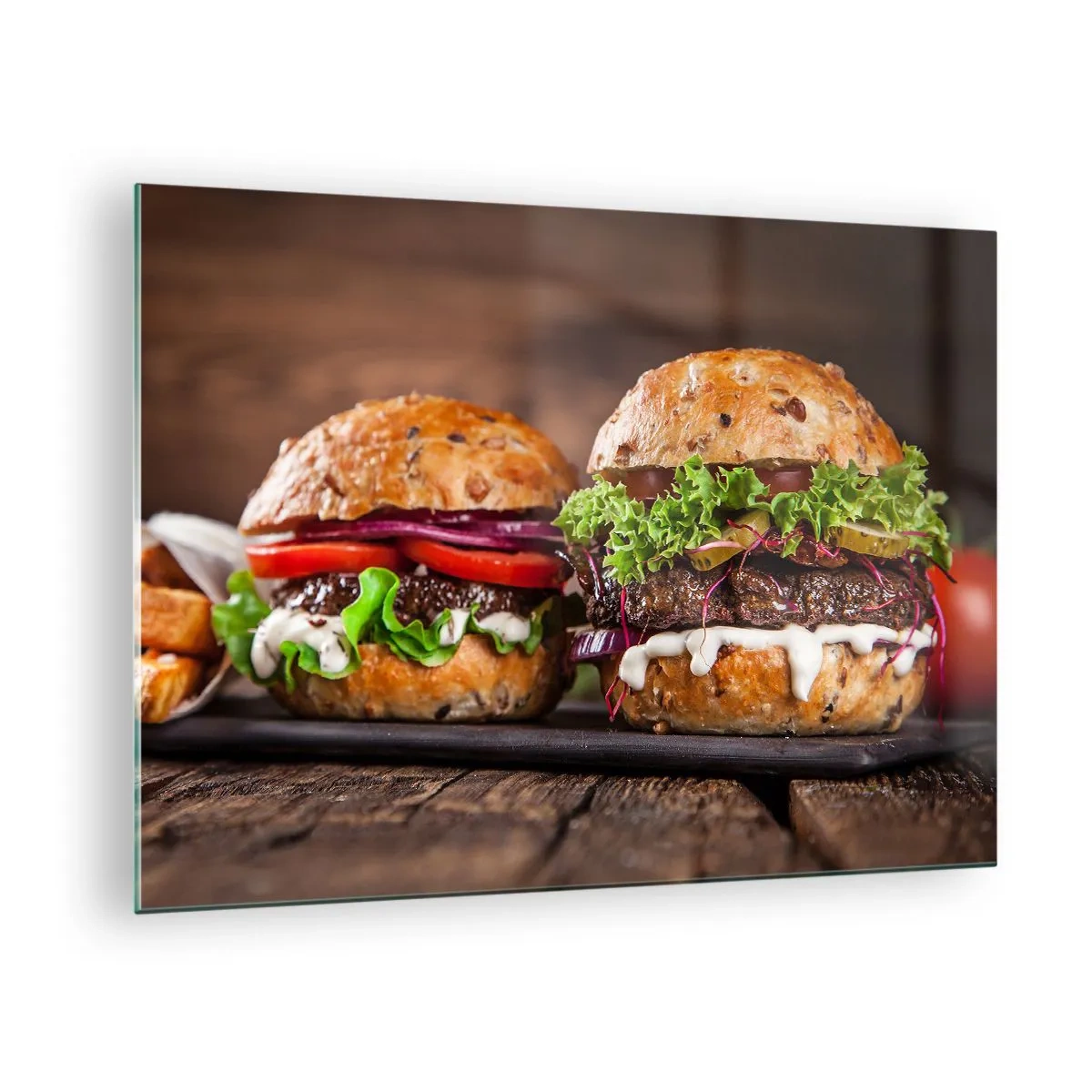 Obraz na skle - Chutné burgery se zeleninou a omáčkou - 70x50cm - American dream - Moderní nástěnná dekorace do obývacího pokoje a ložnice ARTTOR