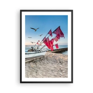 Plakát v černém rámu - Rybářský člun s červenými vlajkami na pláži - 50x70cm - Zasloužená přestávka - Moderní nástěnná dekorace do obývacího pokoje a ložnice ARTTOR