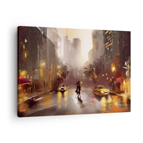 Obraz na plátně - Městská scéna v noci ve světle pouličních lamp a odrazů na mokré ulici. - 70x50cm - Ve světlech New Yorku - Moderní nástěnná dekorace do obývacího pokoje a ložnice ARTTOR