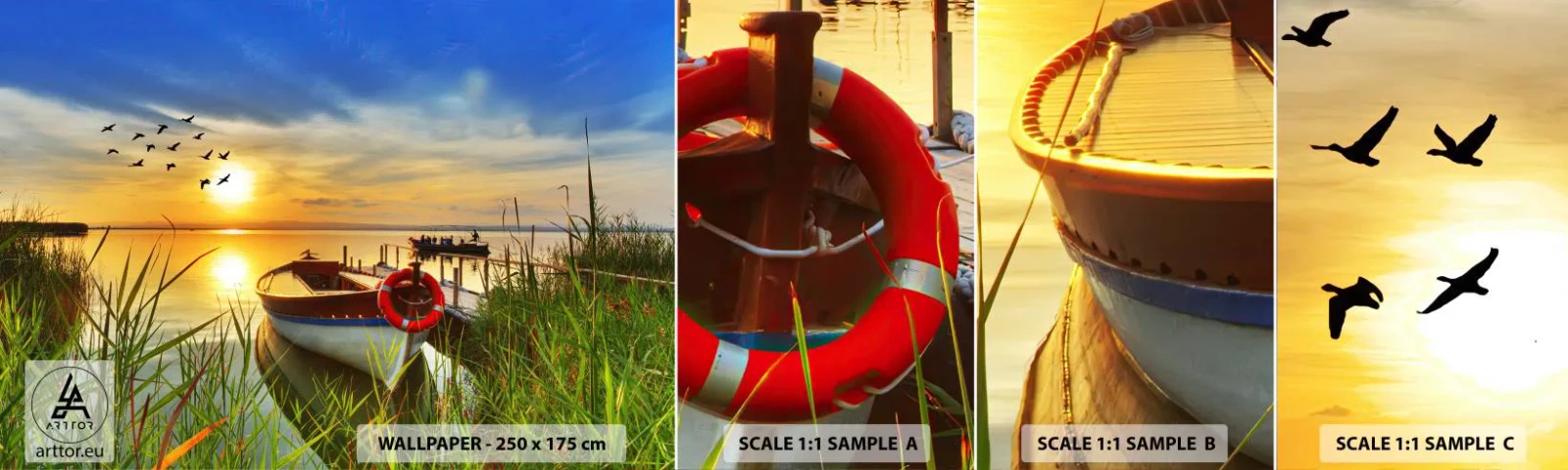 Vzor Fototapety Samolepicí Deluxe Sticker - Kormoráni už odlétají - Krajina, jezero, Západ slunce - 100x30 cm