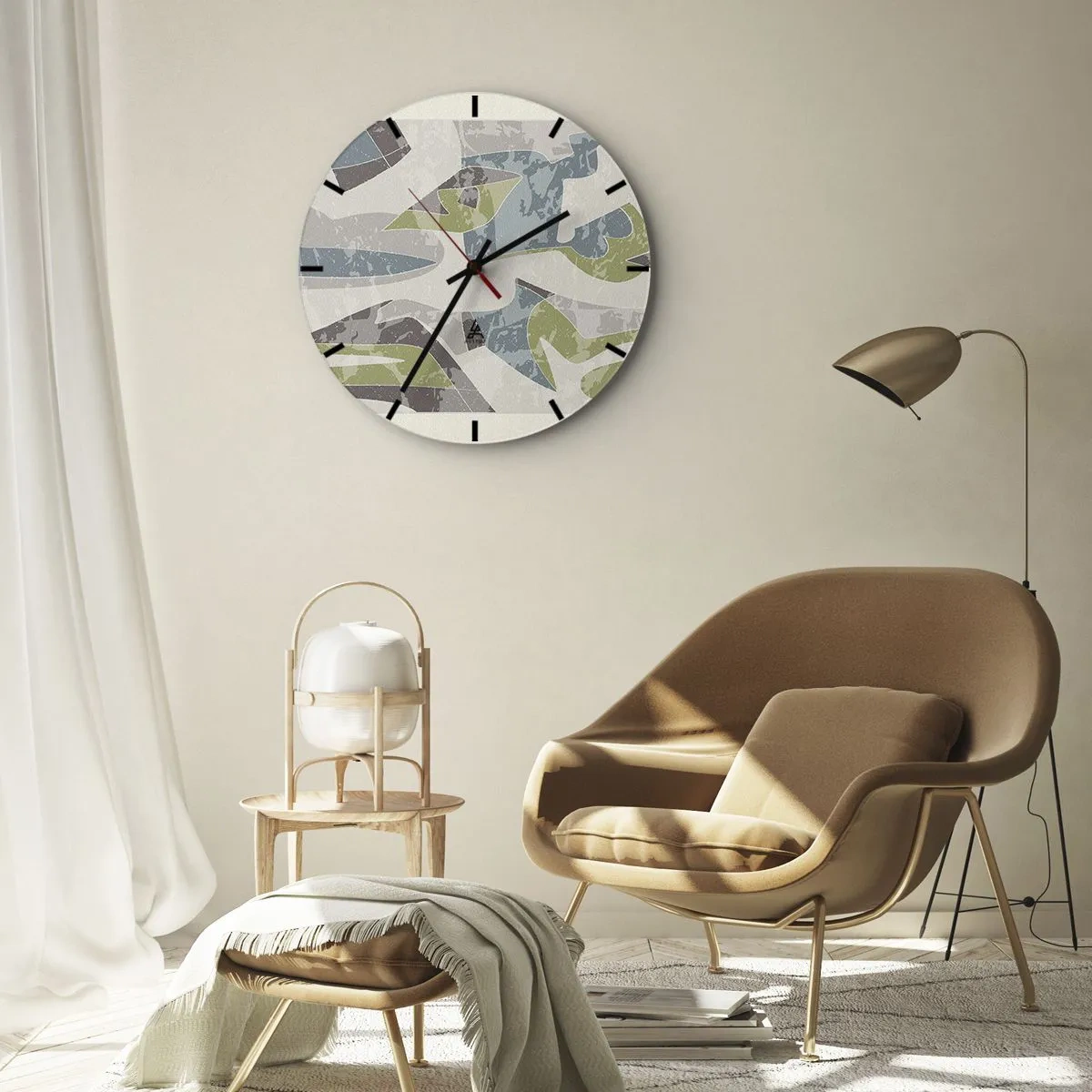 Nástěnné hodiny - Geometrické abstrakce v zelené a modré barvě na světlém pozadí - 30x30cm - Kompozice za sklem - Moderní nástěnná dekorace do obývacího pokoje, kuchyně a ložnice ARTTOR