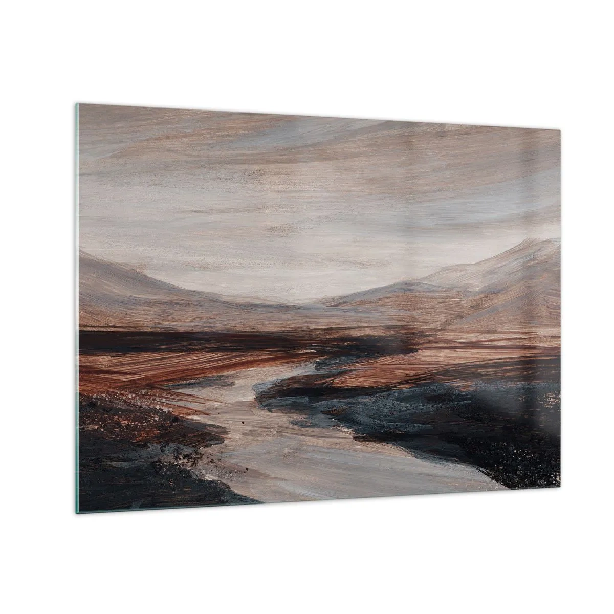 Obraz na skle - Malebné údolí s řekou v odstínech hnědé a modré - 70x50cm -  Klidné údolí - Moderní nástěnná dekorace do obývacího pokoje a ložnice ARTTOR