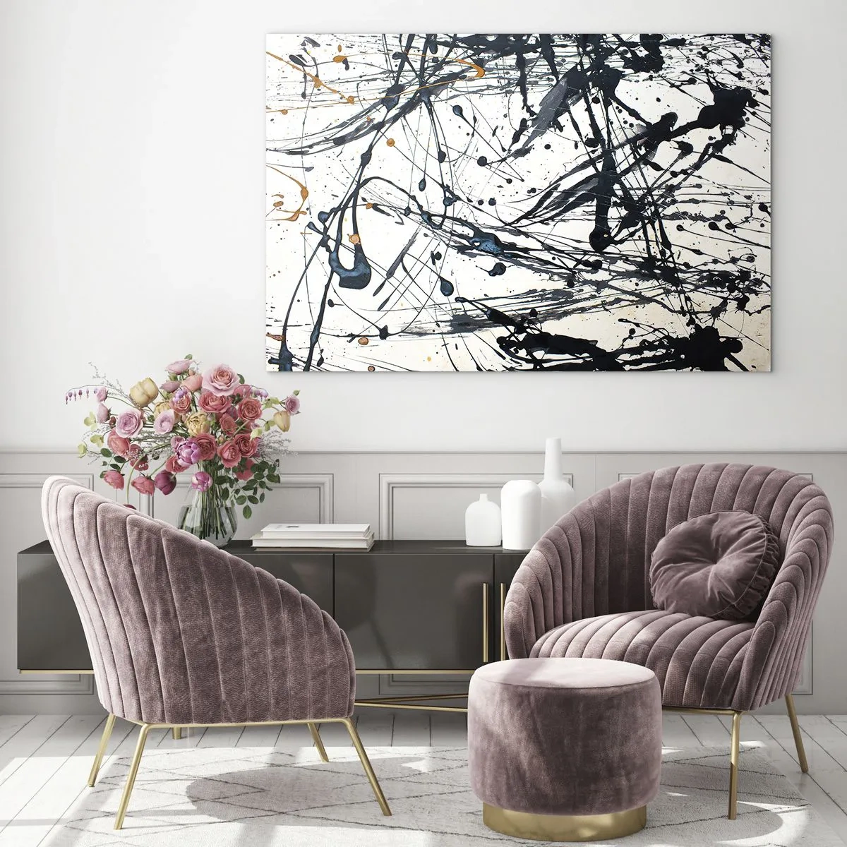 Obraz na skle - Dynamické cákance barvy na bílém pozadí - 70x50cm - Expresionistická abstrakce - Moderní nástěnná dekorace do obývacího pokoje a ložnice ARTTOR