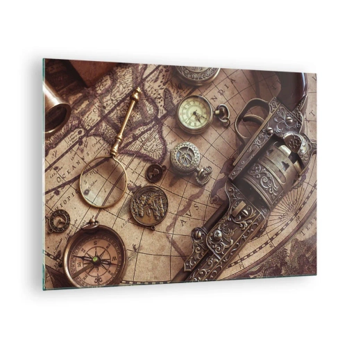 Obraz na skle - Starověké předměty a mapa - 70x50cm - Dobrodružství volá - Moderní nástěnná dekorace do obývacího pokoje a ložnice ARTTOR