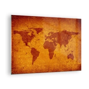 Obraz na skle - Mapa světa v teplých, sépiových barvách - 70x50cm - Pozvánka na cestování - Moderní nástěnná dekorace do obývacího pokoje a ložnice ARTTOR