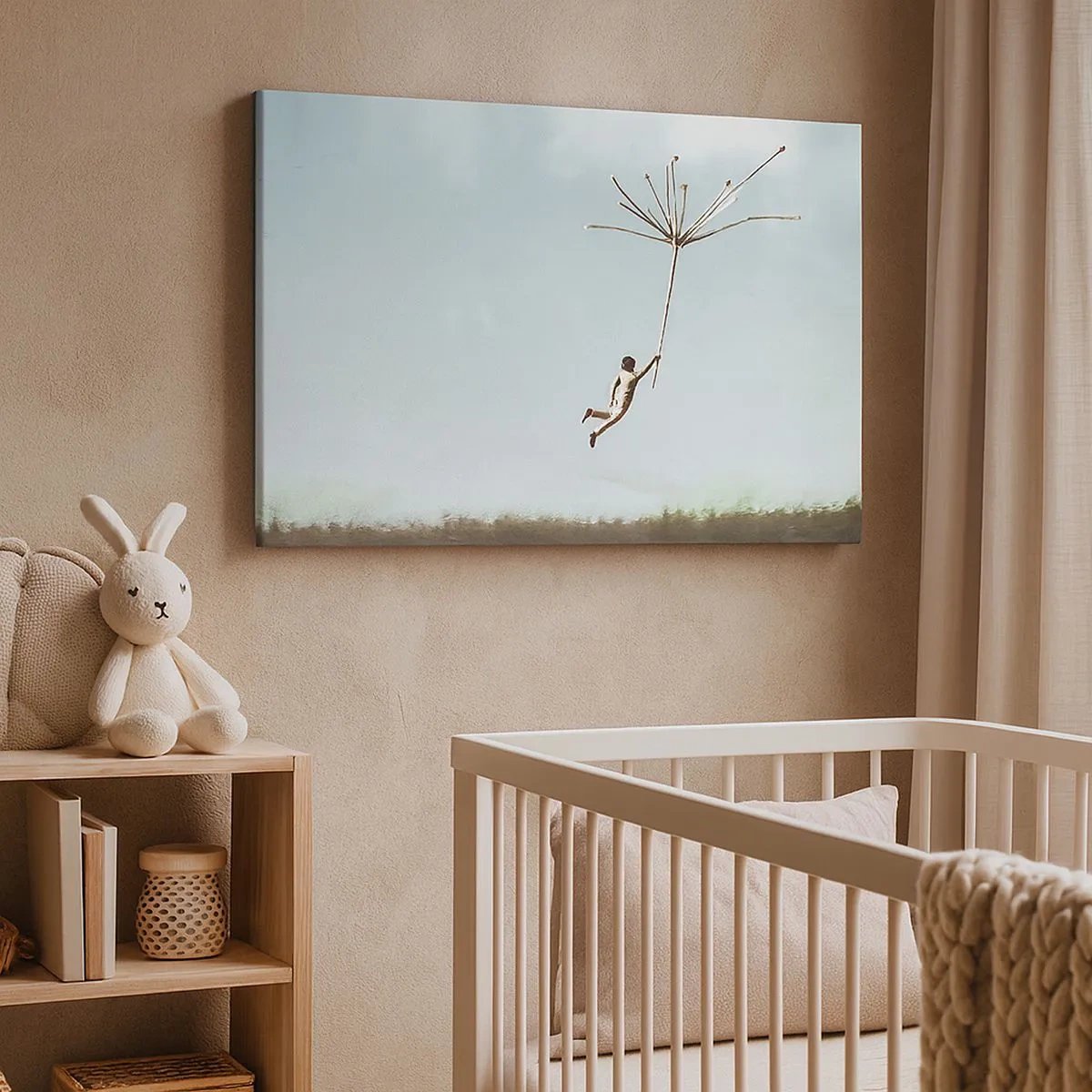 Obraz na plátně - Postava zvednutá velkým semínkem pampelišky - 70x50cm - Letající pampeliška - Moderní nástěnná dekorace do obývacího pokoje a ložnice ARTTOR