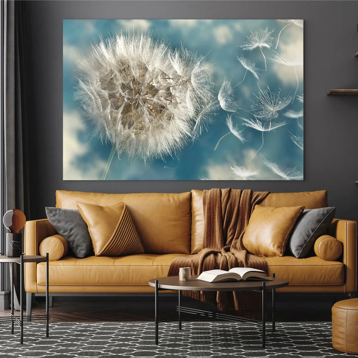 Obraz na skle - Jemná pampeliška proti obloze s plovoucími semínky - 70x50cm - Dech anděla - Moderní nástěnná dekorace do obývacího pokoje a ložnice ARTTOR