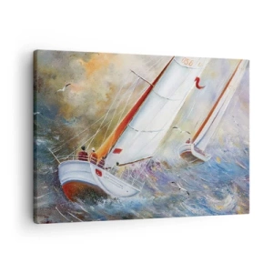 Obraz na plátně - Plachetnice na rozbouřených vlnách v dynamické kompozici - 70x50cm - Běžící přes vlny - Moderní nástěnná dekorace do obývacího pokoje a ložnice ARTTOR