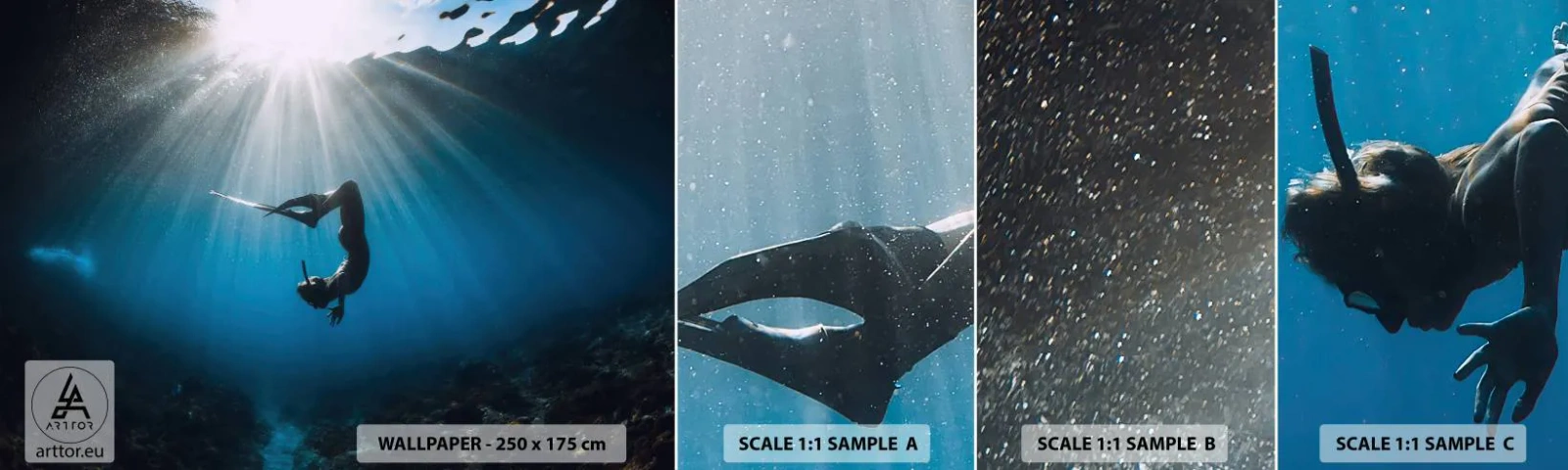 Vzor Fototapety Samolepicí Deluxe Sticker - Podvodní tanec - Podvodní jeskyně, Paprsky slunce, Potápění - 100x30 cm