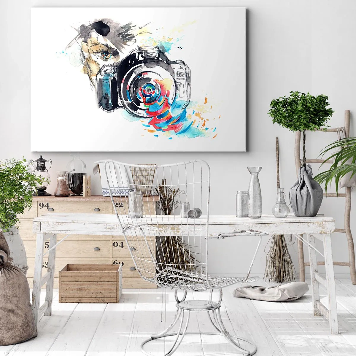 Obraz na plátně - Akvarelová kamera s barevnými detaily - 70x50cm - Okem objektivu - Moderní nástěnná dekorace do obývacího pokoje a ložnice ARTTOR