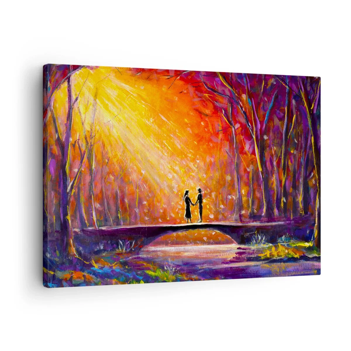 Obraz na plátně - Romantický pár na mostě v podzimním lese - 70x50cm - Nebe je taky miluje - Moderní nástěnná dekorace do obývacího pokoje a ložnice ARTTOR