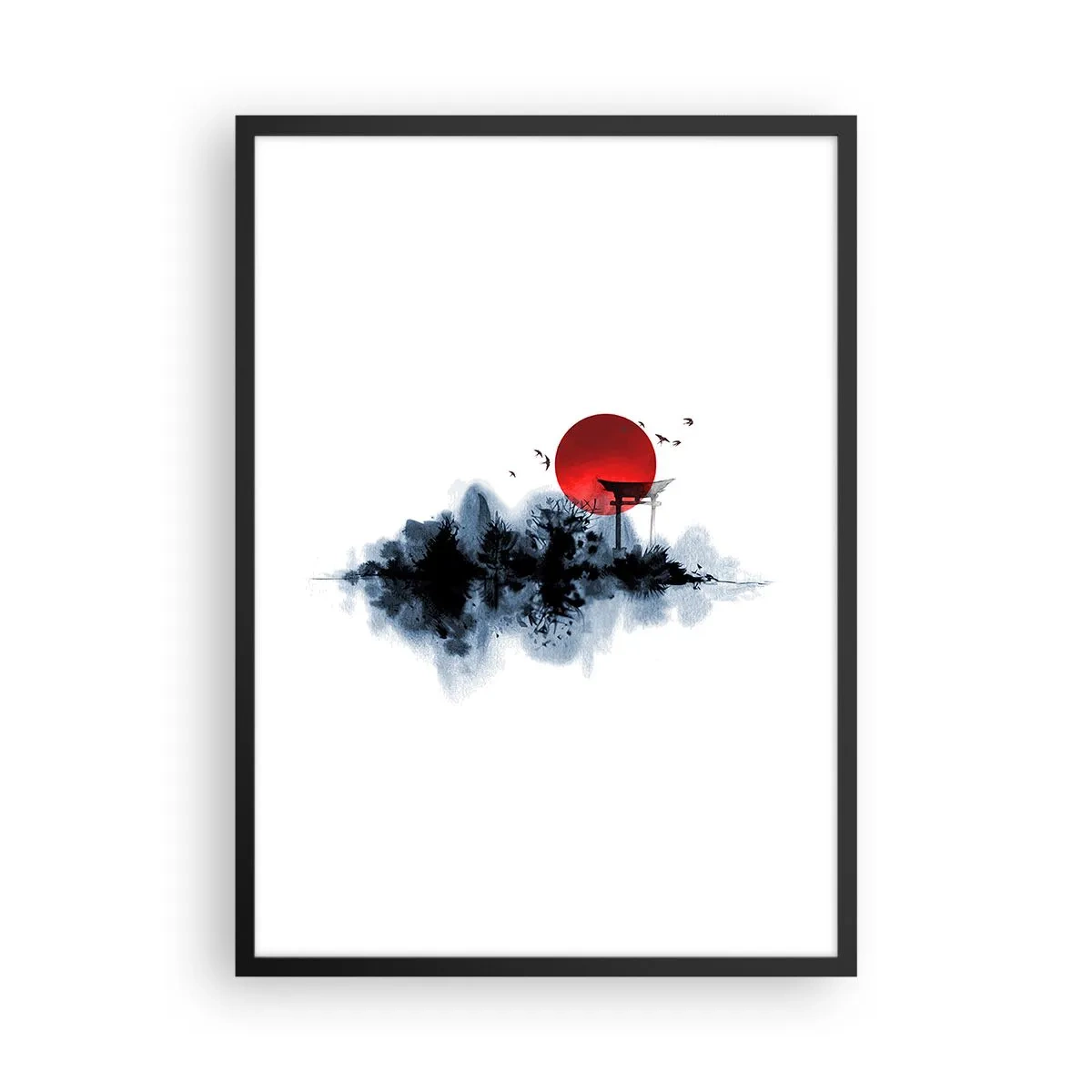 Plakát v černém rámu - Rudý sluneční kotouč nad japonskou bránou Torii - 50x70cm - Japonský pohled - Moderní nástěnná dekorace do obývacího pokoje a ložnice ARTTOR