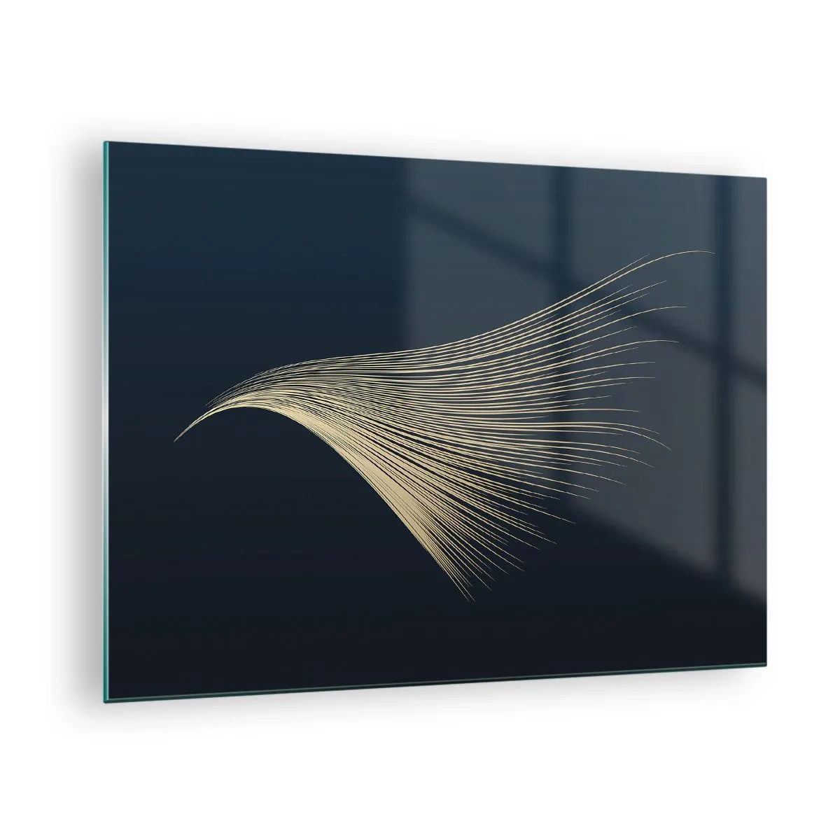 Obraz na skle - Zlatá čára připomínající křídlo na tmavě modrém pozadí - 70x50cm - Jako andělské vlasy - Moderní nástěnná dekorace do obývacího pokoje a ložnice ARTTOR