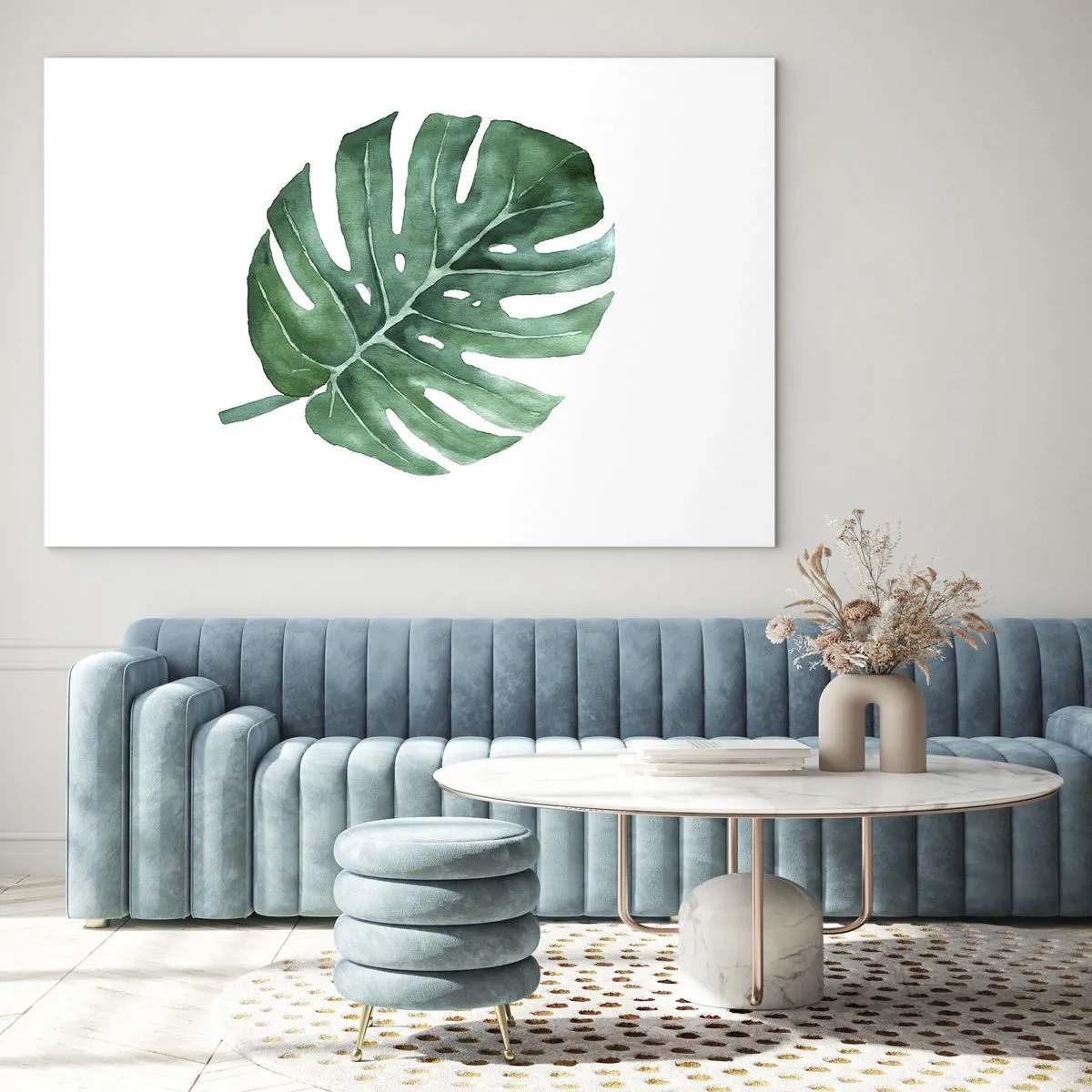 Obraz na skle - Zelený list monstery na bílém pozadí - 70x50cm - Zelený koncept - Moderní nástěnná dekorace do obývacího pokoje a ložnice ARTTOR