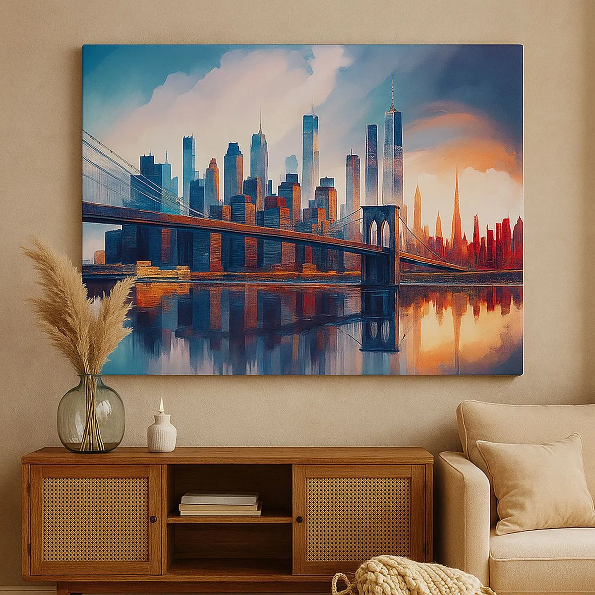 Obraz na plátně - Panorama New Yorku s mostem a odrazem ve vodě - 70x50cm - Famózní New York - Moderní nástěnná dekorace do obývacího pokoje a ložnice ARTTOR