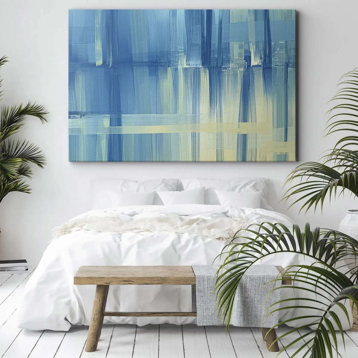 Obraz na plátně - Abstraktní obraz v odstínech tyrkysové a modré s geometrickými tahy štětcem. - 70x50cm - Kompozice v tyrkysu - Moderní nástěnná dekorace do obývacího pokoje a ložnice ARTTOR
