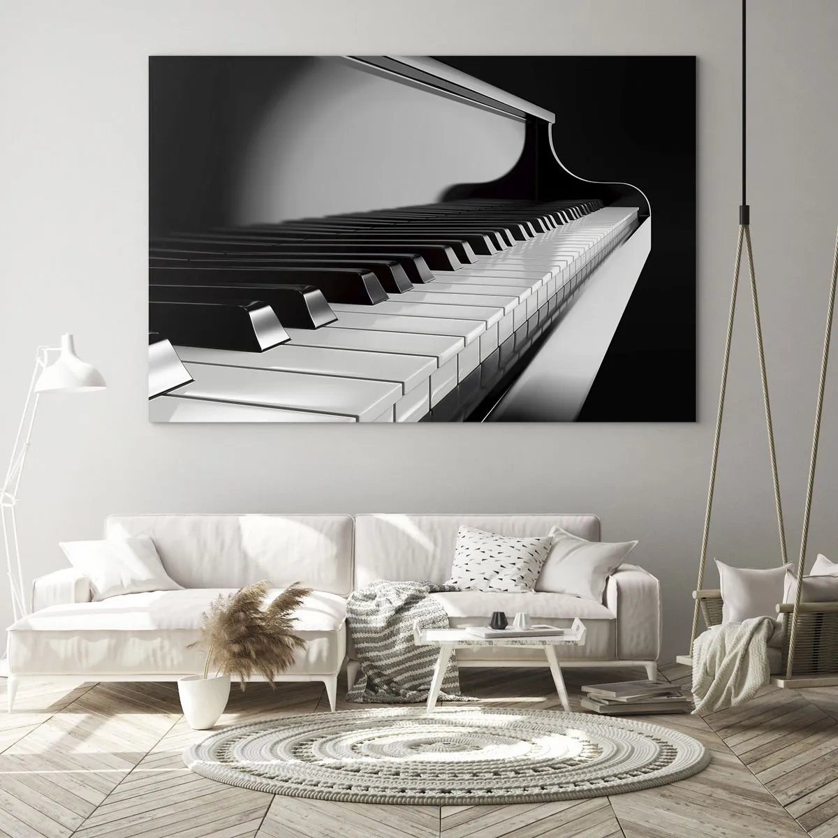 Obraz na skle - Černobílá klávesnice klavíru v perspektivě - 70x50cm - Harmonie tvarů a barev - Moderní nástěnná dekorace do obývacího pokoje a ložnice ARTTOR