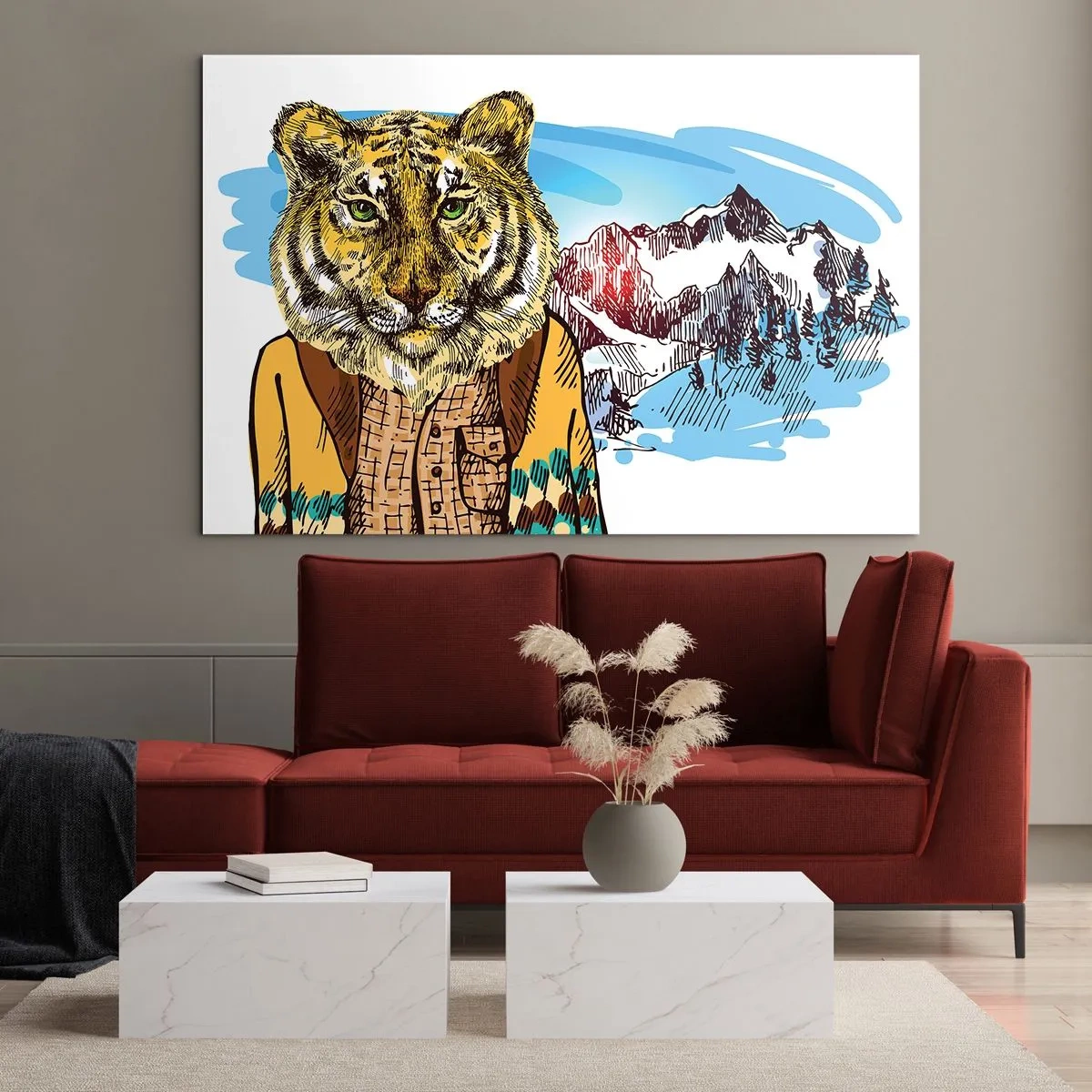 Obraz na skle - Tygr ve vestě proti horské krajině - 70x50cm - Není tak divoký jak ho kreslí - Moderní nástěnná dekorace do obývacího pokoje a ložnice ARTTOR