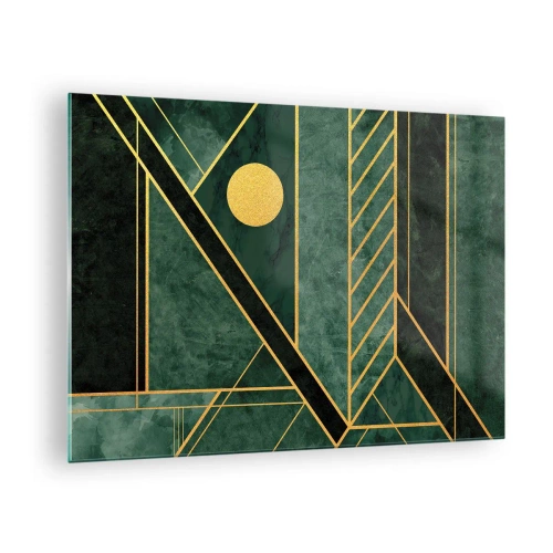 Obraz na skle - Zelená a zlatá geometrická abstrakce ve stylu Art Deco - 70x50cm - Dynamika zlata a lazuritu - Moderní nástěnná dekorace do obývacího pokoje a ložnice ARTTOR