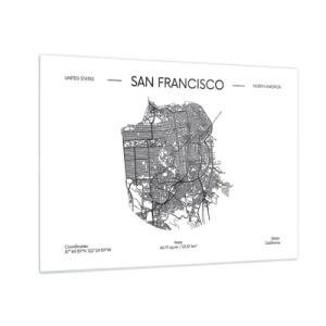 Obraz na skle - Minimalistická mapa ulic San Francisca - 70x50cm - Anatomie San Francisca - Moderní nástěnná dekorace do obývacího pokoje a ložnice ARTTOR