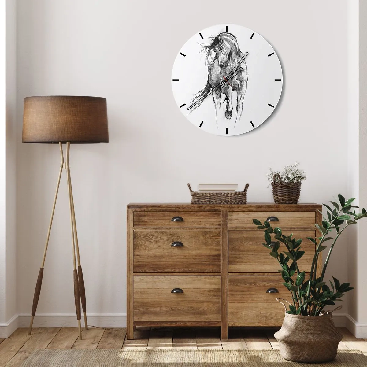 Nástěnné hodiny - Tužková skica cválajícího koně na bílém pozadí. - 30x30cm - V ladném klusu - Moderní nástěnná dekorace do obývacího pokoje, kuchyně a ložnice ARTTOR