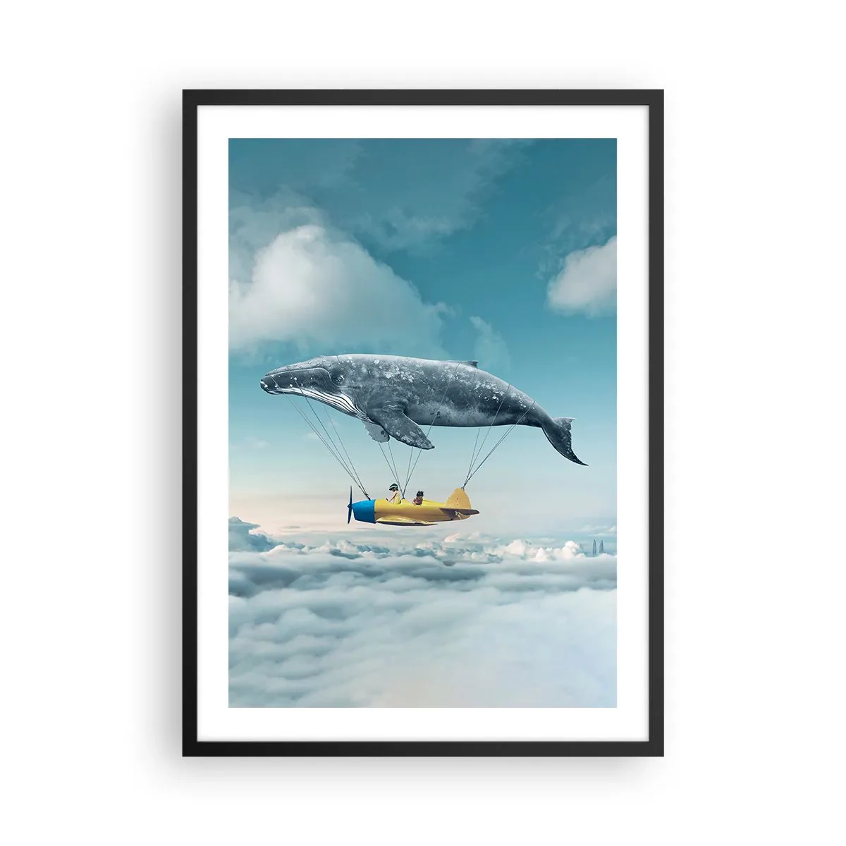 Plakát v černém rámu - Fantastický obraz velryby zvedající letadlo nad mraky. - 50x70cm - Proč ne? - Moderní nástěnná dekorace do obývacího pokoje a ložnice ARTTOR