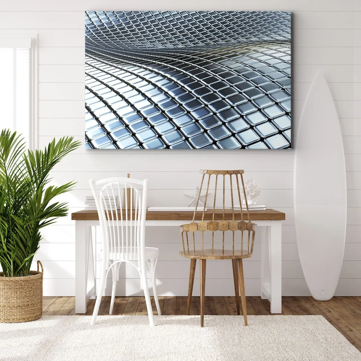 Obraz na plátně - Moderní konstrukce z kovových čtverců - 70x50cm - Kovová stříbrná vlna - Moderní nástěnná dekorace do obývacího pokoje a ložnice ARTTOR