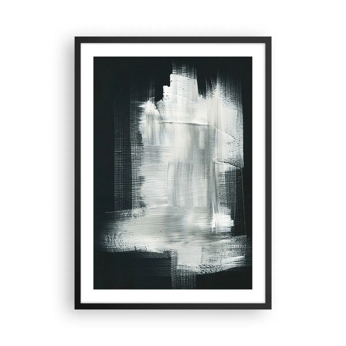 Plakát v černém rámu - Abstraktní kompozice v bílé barvě na tmavém pozadí - 50x70cm - Utkané svisle a vodorovně - Moderní nástěnná dekorace do obývacího pokoje a ložnice ARTTOR
