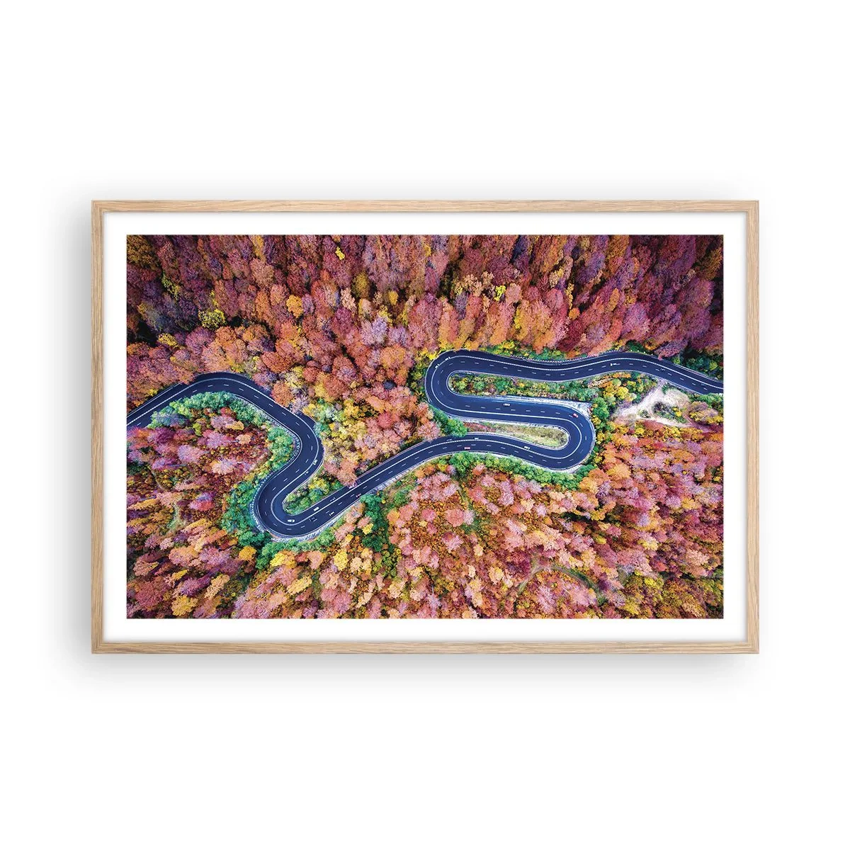 Plakát v rámu světlý dub - Klikatá cesta lesem - 91x61 cm