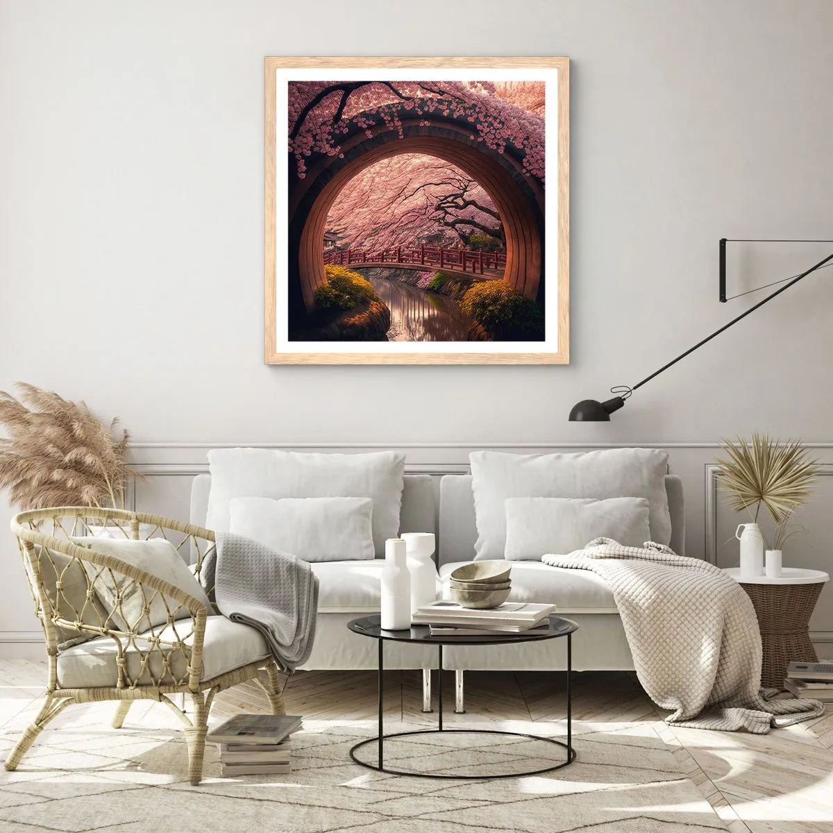 Plakát v rámu světlý dub - Japonské jaro - 50x50 cm