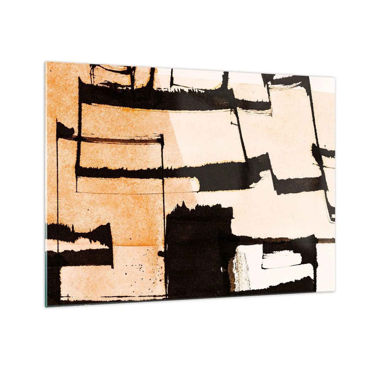 Obraz na skle - Geometrická abstrakce v odstínech béžové a černé - 70x50cm - Avšak pořádek - Moderní nástěnná dekorace do obývacího pokoje a ložnice ARTTOR