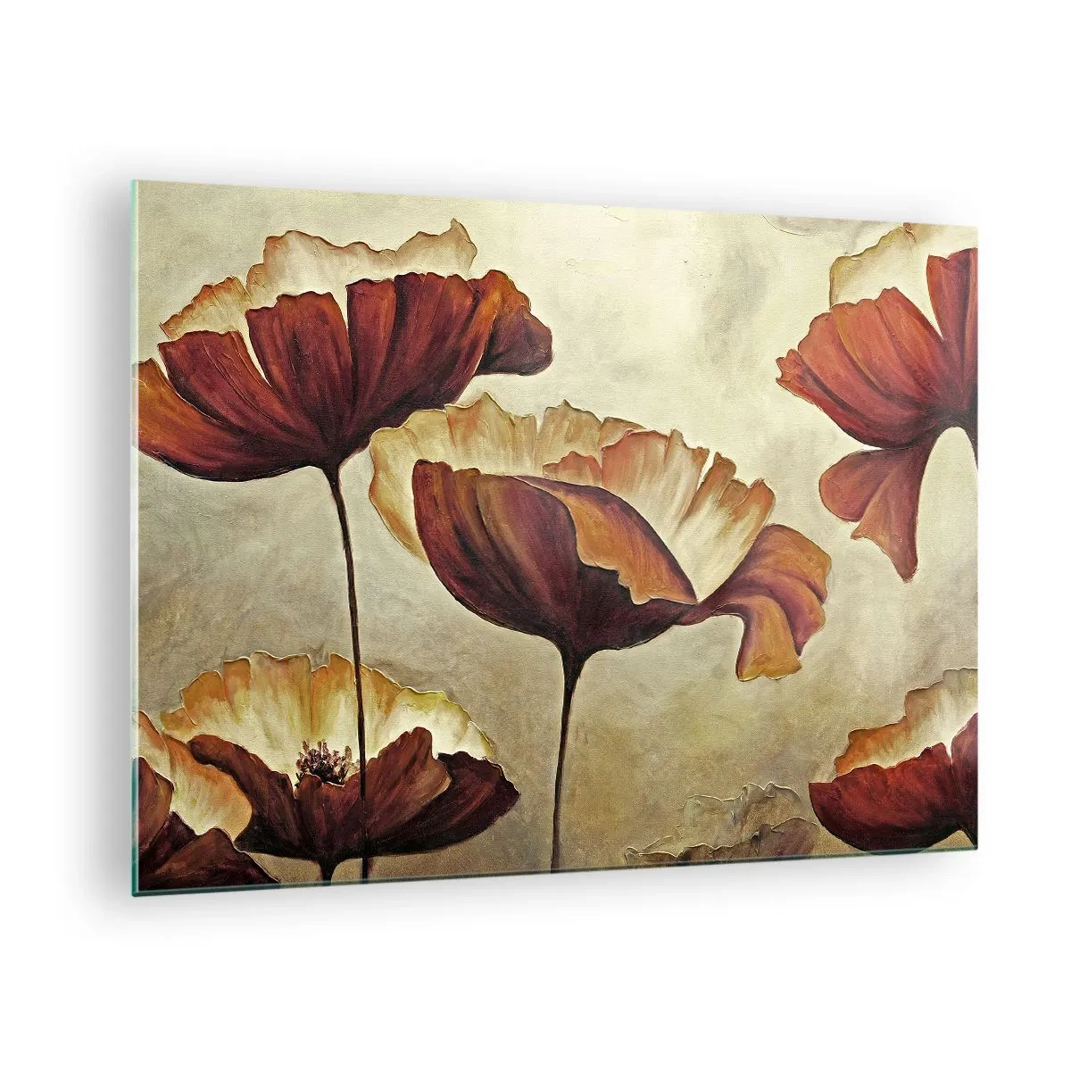 Obraz na skle - Květy máku v odstínech červené a zlaté na světlém pozadí - 70x50cm - Lán louky - Moderní nástěnná dekorace do obývacího pokoje a ložnice ARTTOR