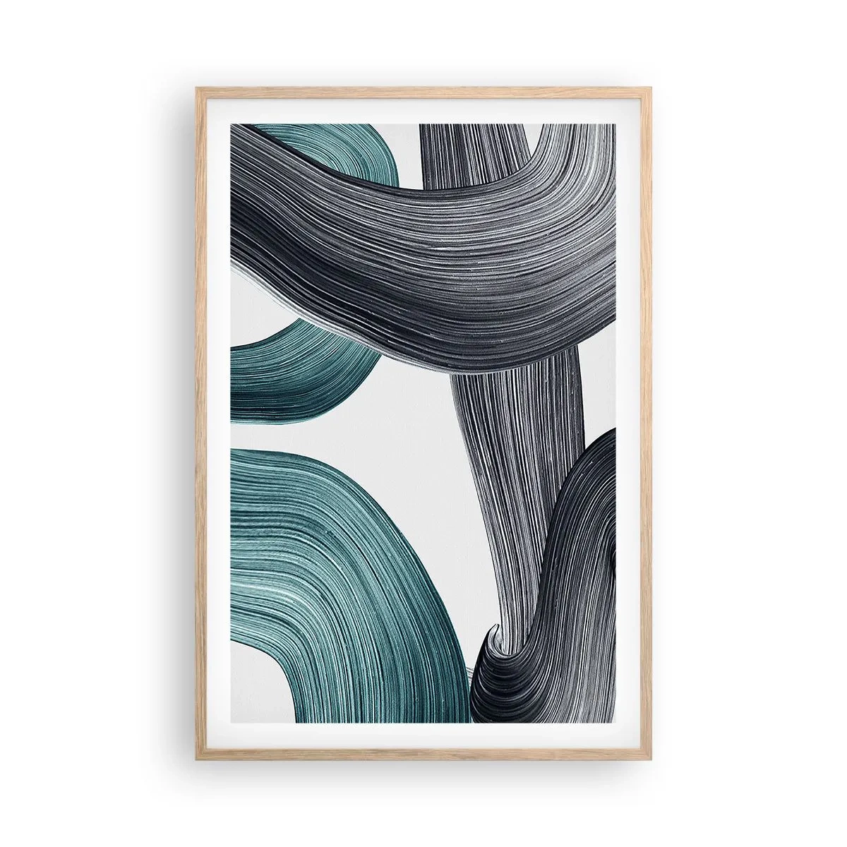 Plakát v rámu světlý dub - Smaragdové a černé vlny - 61x91 cm
