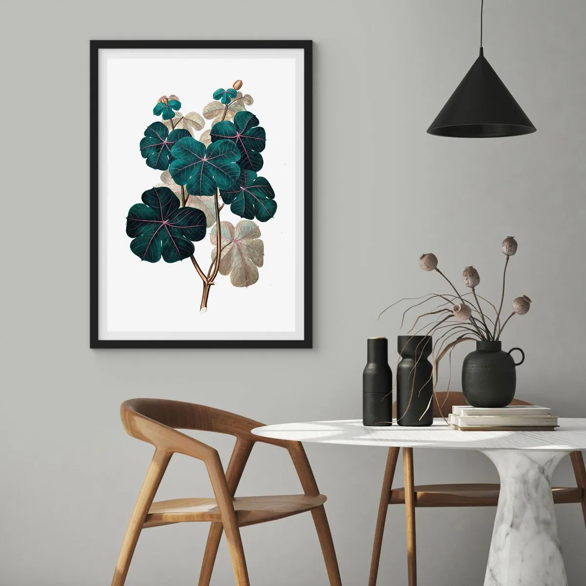 Plakát v černém rámu - Botanická ilustrace s tmavě zelenými listy na světlém pozadí - 50x70cm - Ze starého herbáře - Moderní nástěnná dekorace do obývacího pokoje a ložnice ARTTOR