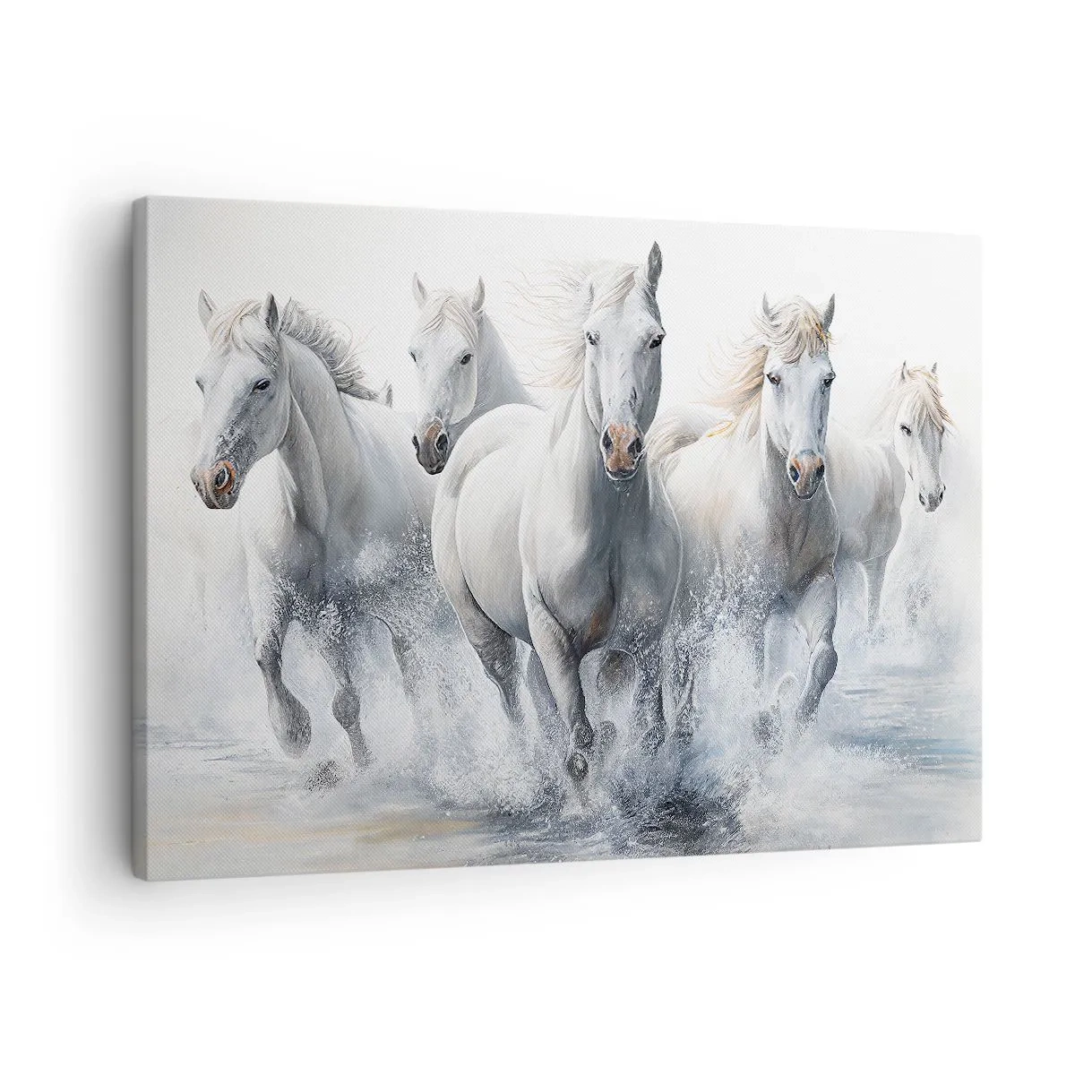 Obraz na plátně - Bílí koně cválající po vodě - 70x50cm - Bílá magie - Moderní nástěnná dekorace do obývacího pokoje a ložnice ARTTOR